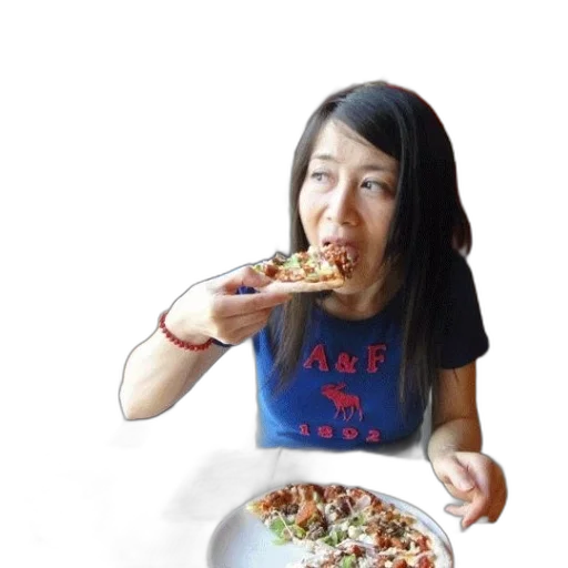 food, face, creature, photorealistic, woman, blue, shirt, eating transparent PNG cut-out