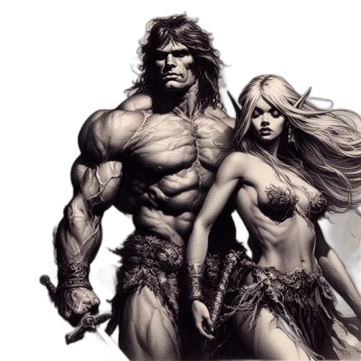 comic book art, fantasy art, concept art, photorealistic, two, powerful, characters, stand transparent PNG cut-out
