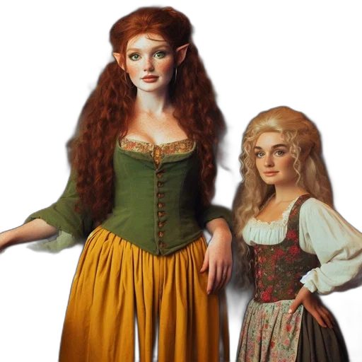 dress, fantasy art, photorealistic, 3d render, concept art, two, women, elf transparent PNG cut-out