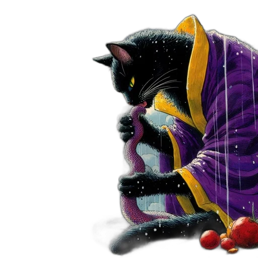 concept art, fantasy art, comic book art, outer space, black, cat, purple, robe transparent PNG cut-out