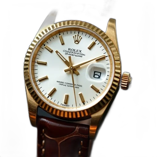 jewelry, gold, rolex, watch, white, dial, hands, displayed transparent PNG cut-out