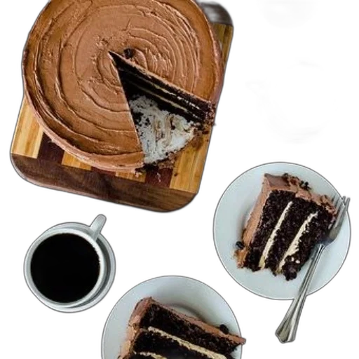 food, 3d render, photorealistic, dark, earth tones, chocolate, cake, creamy transparent PNG cut-out
