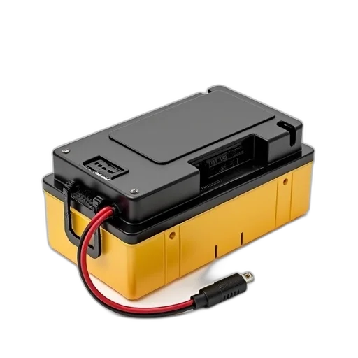 robot, black, yellow, battery, pack, red, wire, attached transparent PNG cut-out
