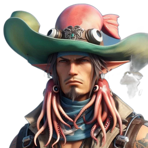 hat, face, staff, concept art, fantasy art, photorealistic, male, character transparent PNG cut-out