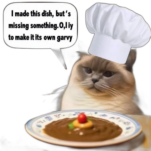 food, animal, anthropomorphized, cat, chef, hat, sits, dining transparent PNG cut-out