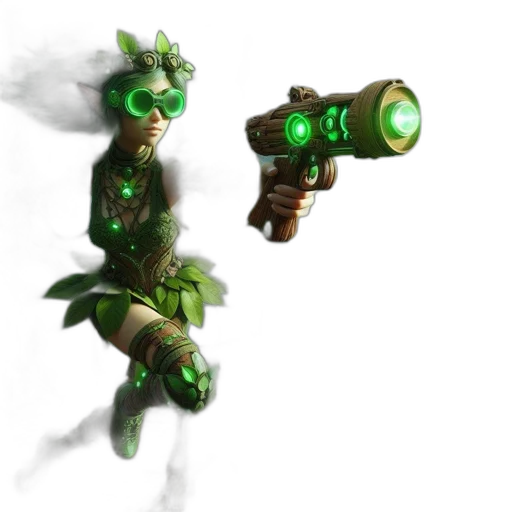 weapon, staff, robot, concept art, 3d render, fantasy art, cyberpunk, green transparent PNG cut-out