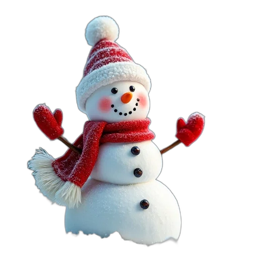 hat, 3d render, snow, merry, snowman, scarf, waving, snowfall transparent PNG cut-out