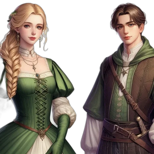 fantasy art, concept art, pixel art, photorealistic, green, earth tones, two, aristocrats transparent PNG cut-out
