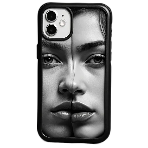 face, cyberpunk, photorealistic, 3d render, black, white, iphone, case transparent PNG cut-out