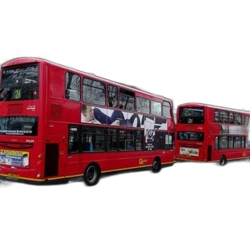 photorealistic, 3d render, two, red, double-decker, buses, parked, city transparent PNG cut-out