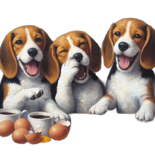 food, oil painting, photorealistic, watercolor, concept art, three, beagles, exhibit transparent PNG cut-out