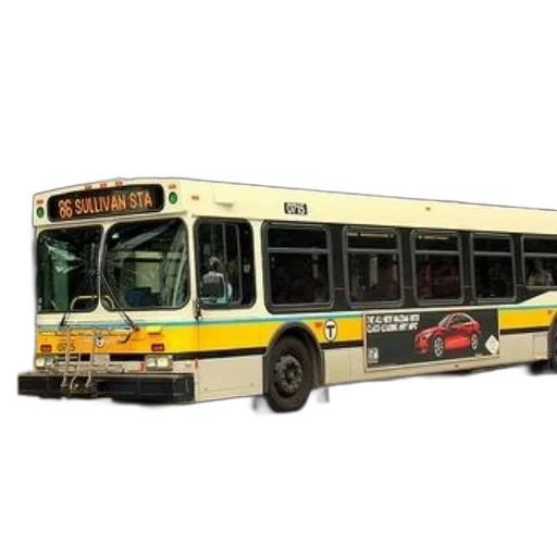 3d render, photorealistic, yellow, white, bus, route, number, sullivan transparent PNG cut-out