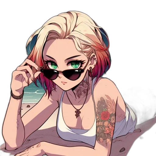face, cartoon, vaporwave, anime, cyberpunk, beach, red, colorful transparent PNG cut-out