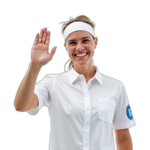 staff, person, white, shirt, blue, logo, sleeve, giving transparent PNG cut-out