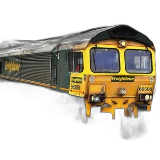 photorealistic, yellow, green, freightliner, train, number, 66508, front transparent PNG cut-out