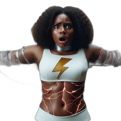hair, comic book art, neon lights, woman, white, outfit, lightning, bolt transparent PNG cut-out