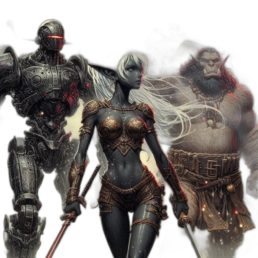 concept art, fantasy art, comic book art, cyberpunk, dark, intense, battle, scene transparent PNG cut-out