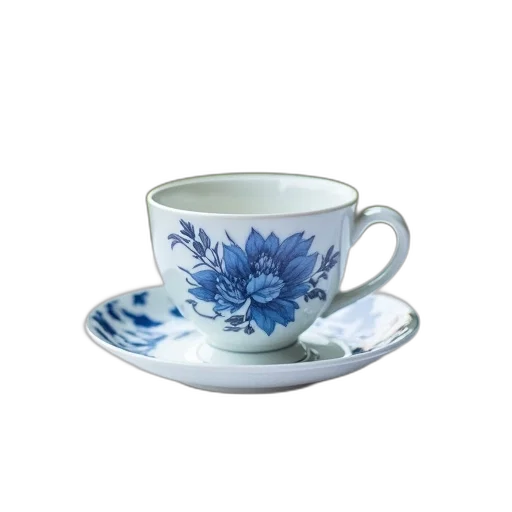 photorealistic, 3d render, blue, white, porcelain, teacup, floral, patterns transparent PNG cut-out