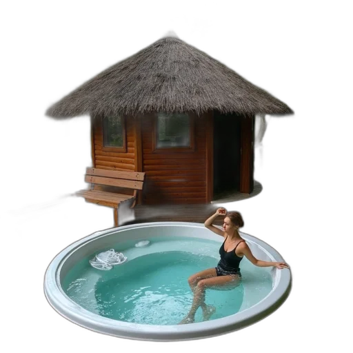 3d render, woman, black, swimsuit, sitting, hot, tub, surrounded transparent PNG cut-out
