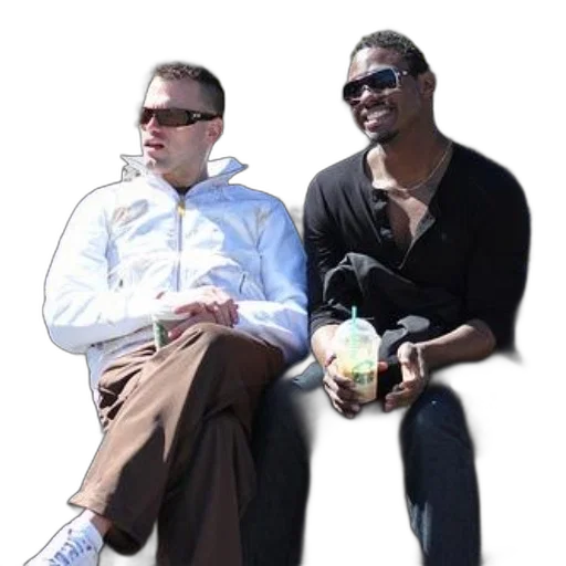 staff, two, men, wearing, sunglasses, sit, bench, one transparent PNG cut-out
