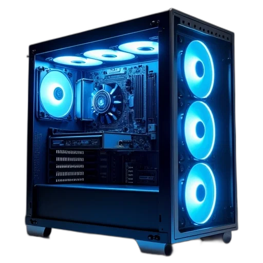 3d render, cyberpunk, blue, sleek, modern, computer, tower, transparent transparent PNG cut-out