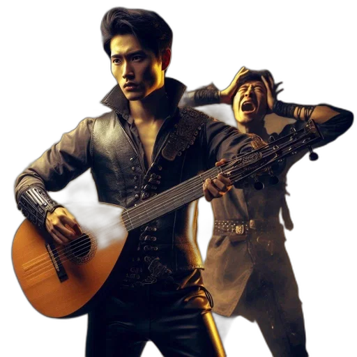 jacket, weapon, concept art, 3d render, golden, two, individuals, interact transparent PNG cut-out