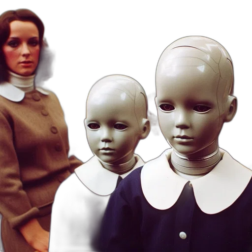 robot, 3d render, concept art, monochrome, classroom, setting, woman, brown transparent PNG cut-out