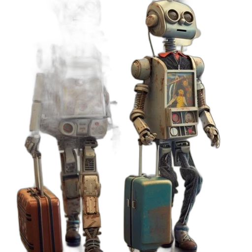robot, staff, concept art, 3d render, fantasy art, pixel art, earth tones, two transparent PNG cut-out
