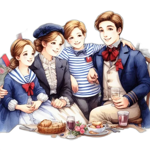 watercolor, oil painting, photorealistic, pixel art, snow, family, four, enjoys transparent PNG cut-out