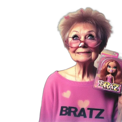 face, photorealistic, 3d render, concept art, elderly, woman, wears, pink transparent PNG cut-out