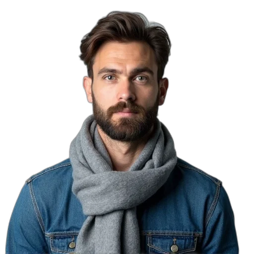 jacket, face, staff, hair, photorealistic, man, beard, mustache transparent PNG cut-out