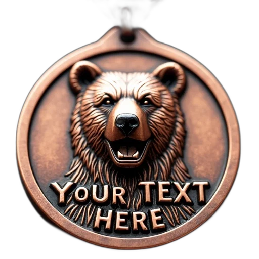 jewelry, copper-colored, medal, raised, image, bear, words, text transparent PNG cut-out