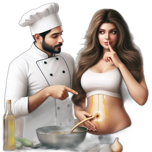 food, concept art, photorealistic, cartoon, oil painting, fire, chef, points transparent PNG cut-out