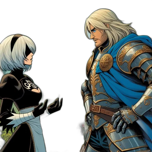 concept art, comic book art, fantasy art, two, costumed, individuals, one, black transparent PNG cut-out