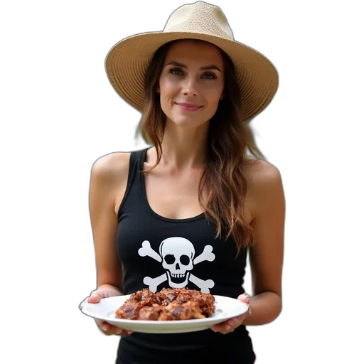 food, woman, holding, plate, grilled, meat, barbecue, wearing transparent PNG cut-out