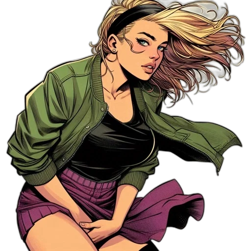 jacket, comic book art, concept art, cartoon, neon lights, earth tones, green, determined transparent PNG cut-out