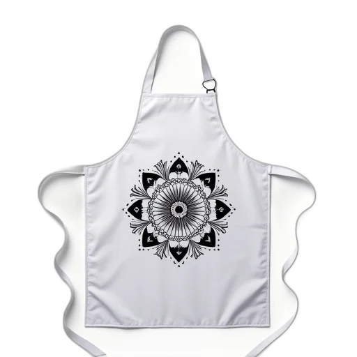 white, apron, black, floral, patterned, design, center, has transparent PNG cut-out