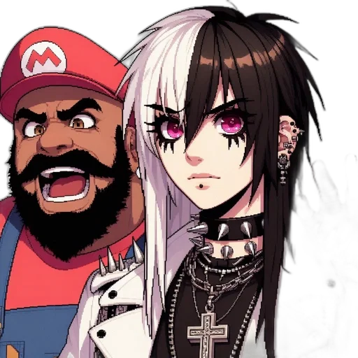 anime, cartoon, concept art, pixel art, mario-esque, character, gothic, shown transparent PNG cut-out