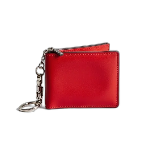 red, leather, wallet, silver, keychain, attached, displayed, against transparent PNG cut-out