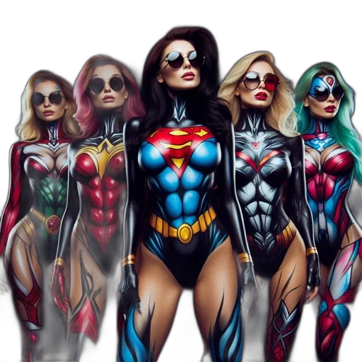 comic book art, concept art, fantasy art, cartoon, five, women, each, wearing transparent PNG cut-out