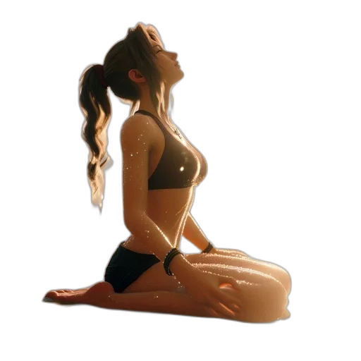 photorealistic, 3d render, woman, sits, beach, sunset, clad, athletic transparent PNG cut-out