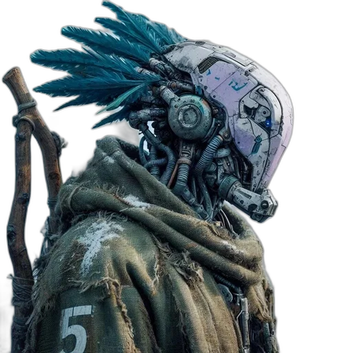 mask, robot, jacket, creature, cyberpunk, concept art, fantasy art, comic book art transparent PNG cut-out