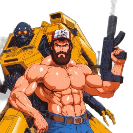 weapon, robot, comic book art, concept art, pixel art, cartoon, muscular, man transparent PNG cut-out