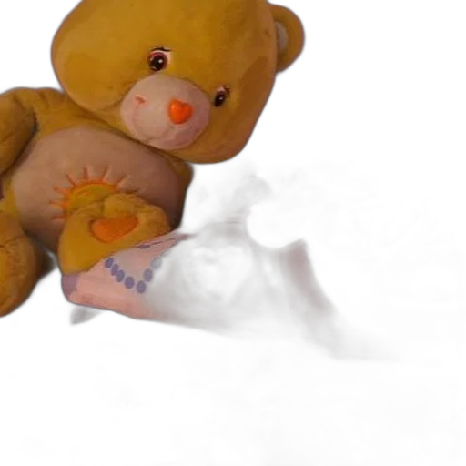 3d render, yellow, teddy, bear, sits, bed, pink, sheet transparent PNG cut-out