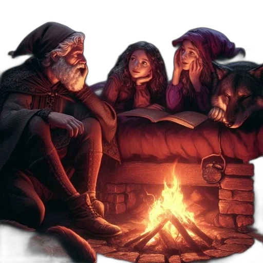 concept art, fantasy art, comic book art, fire, snow, night, fog, elderly transparent PNG cut-out