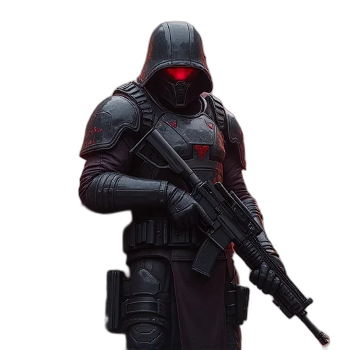robot, mask, weapon, jacket transparent PNG cut-out