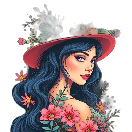 dress, hat, flower, crown, fantasy art, watercolor, photorealistic, comic book art transparent PNG cut-out
