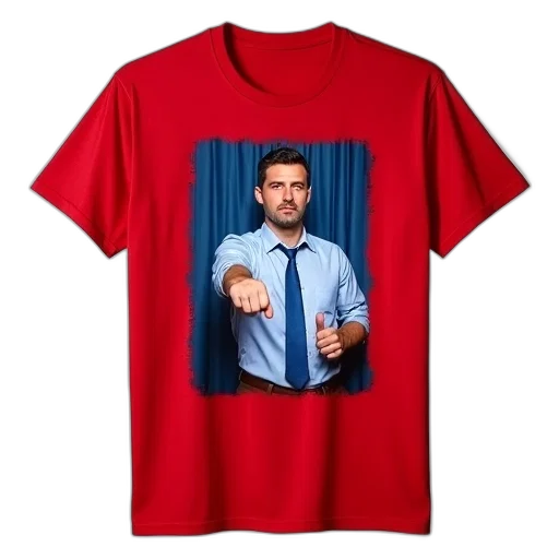 red, t-shirt, graphic, man, scowl, his, face, giving transparent PNG cut-out