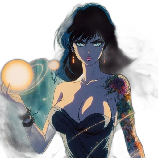 dress, comic book art, fantasy art, concept art, anime, neon lights, fire, outer space transparent PNG cut-out