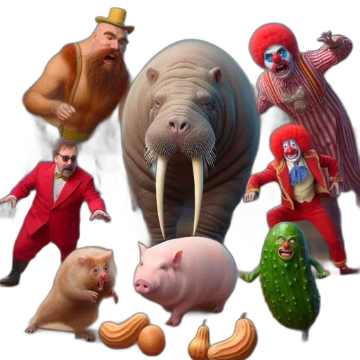 animal, food, creature, concept art, 3d render, animated, circus, scene transparent PNG cut-out